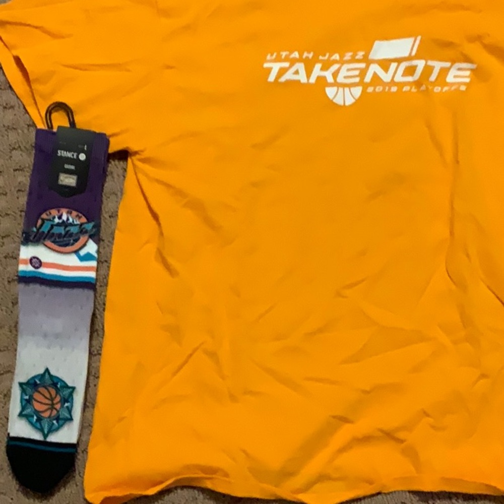 Utah Jazz socks and yellow tshirt size large
